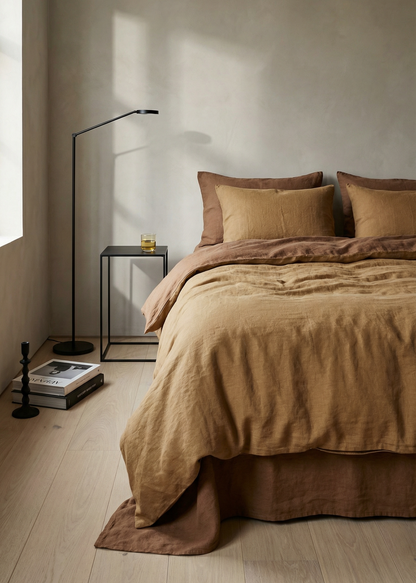 Bedroom with brown bedding and decor in a minimalistic setting