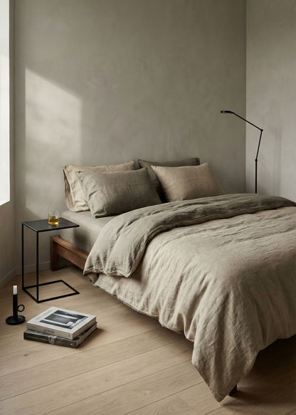 Neatly made bed in a bedroom with neutral tones