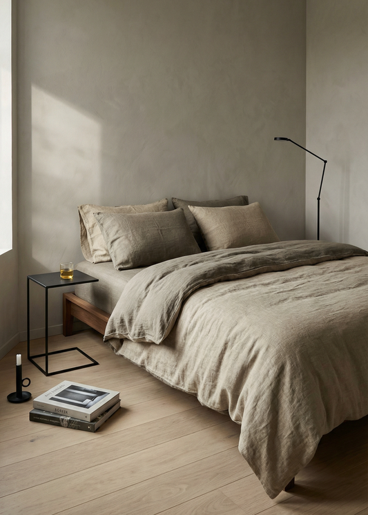 Neatly made bed in a bedroom with neutral tones