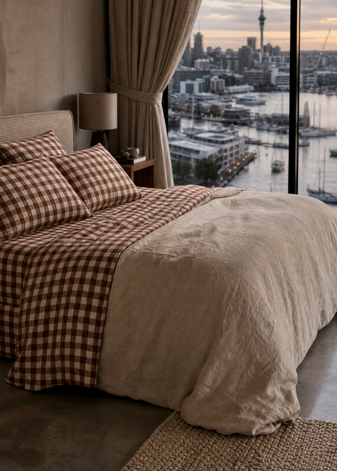 Mocha Gingham Linen Fitted Sheet  | Made in Europe
