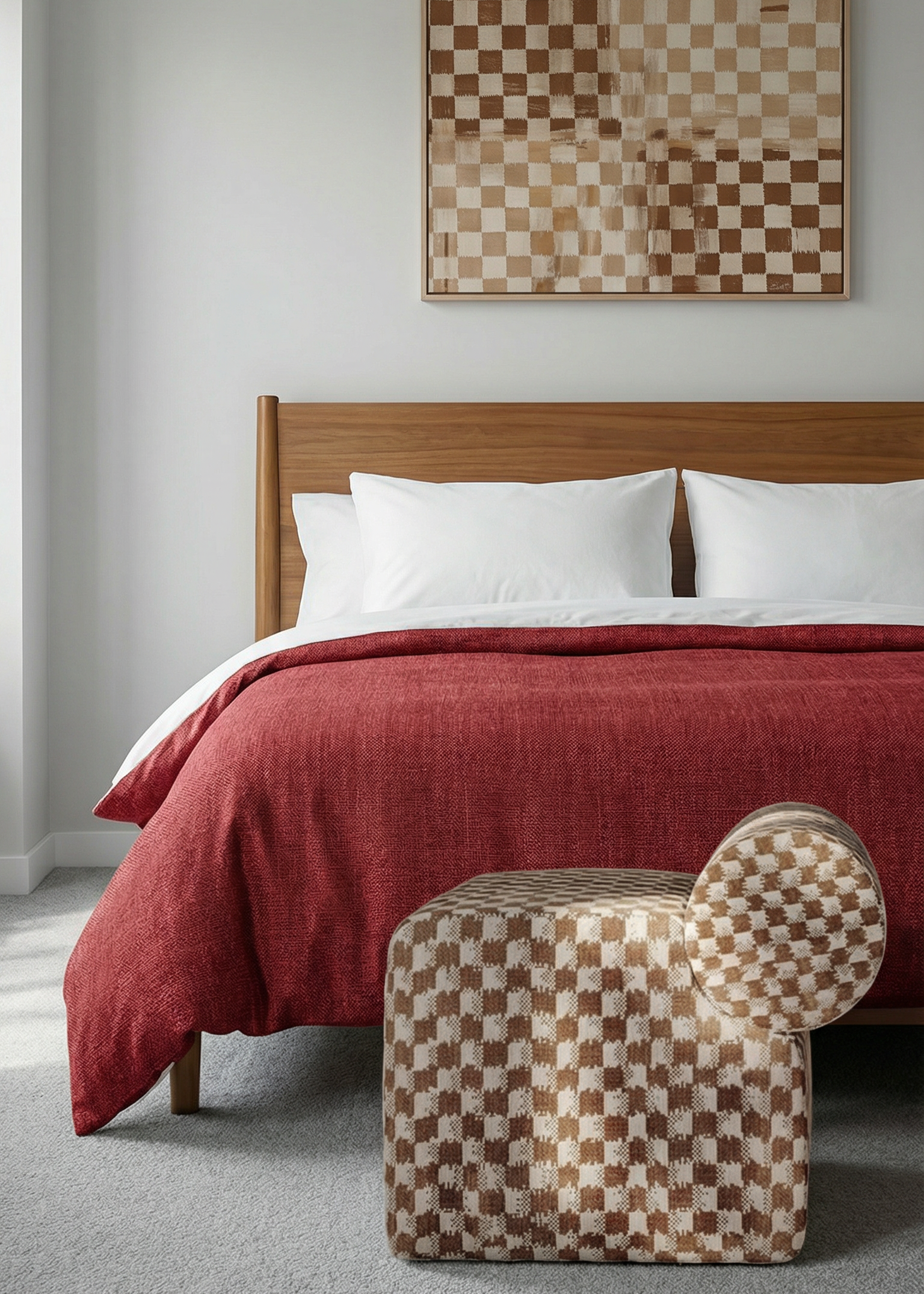 Bedroom with a wooden headboard, red blanket, and checkered ottoman.