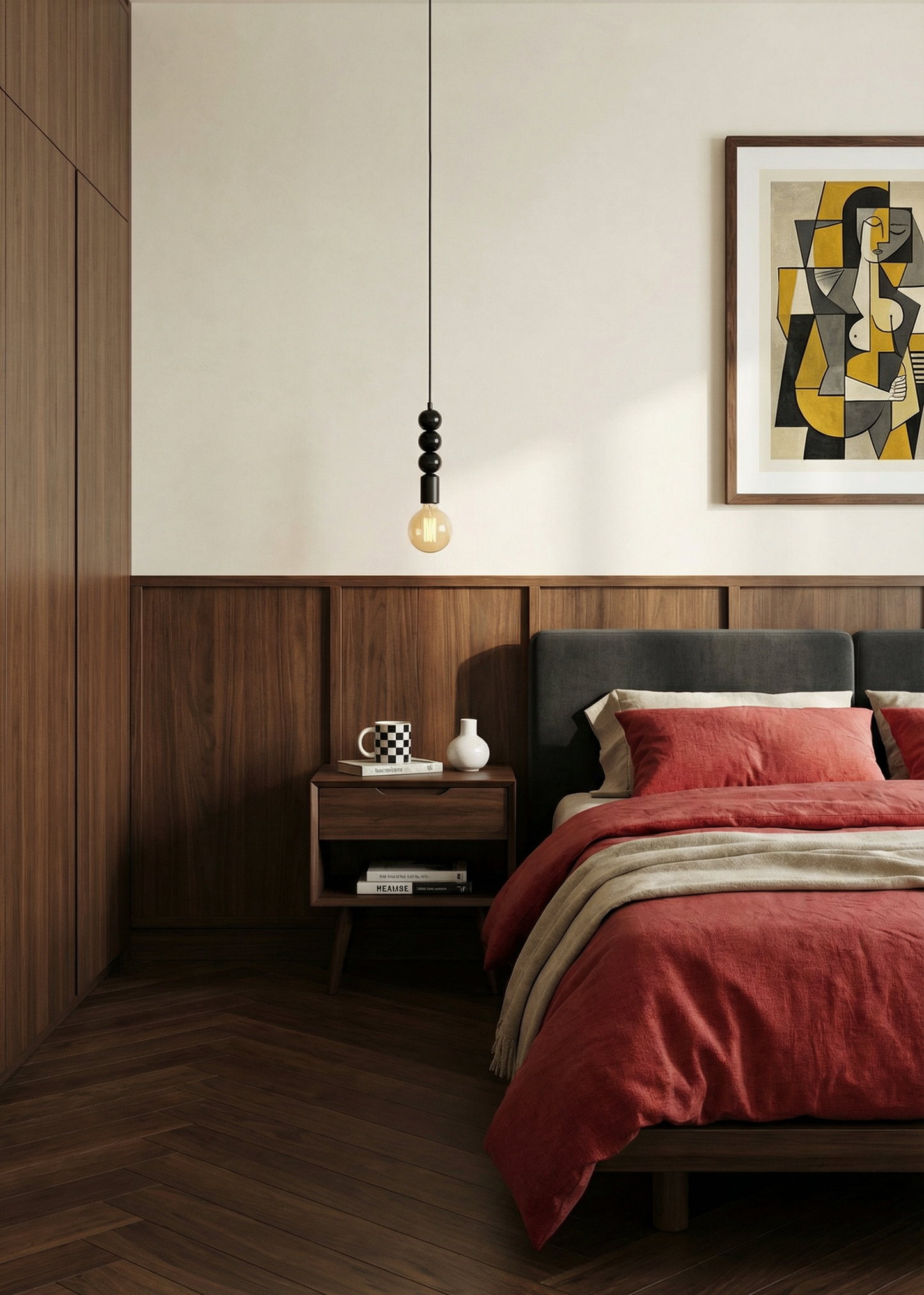 Modern bedroom with wooden paneling, bed with red bedding, and abstract art on the wall.