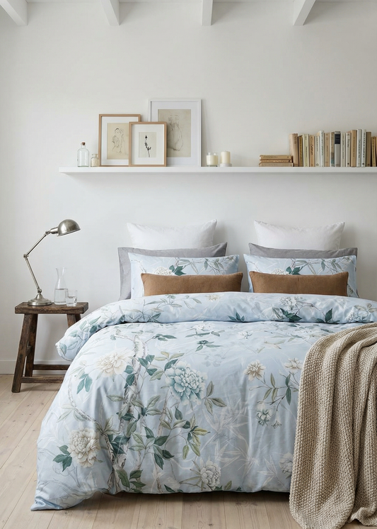 Neatly made bed with floral bedding in a bright bedroom
