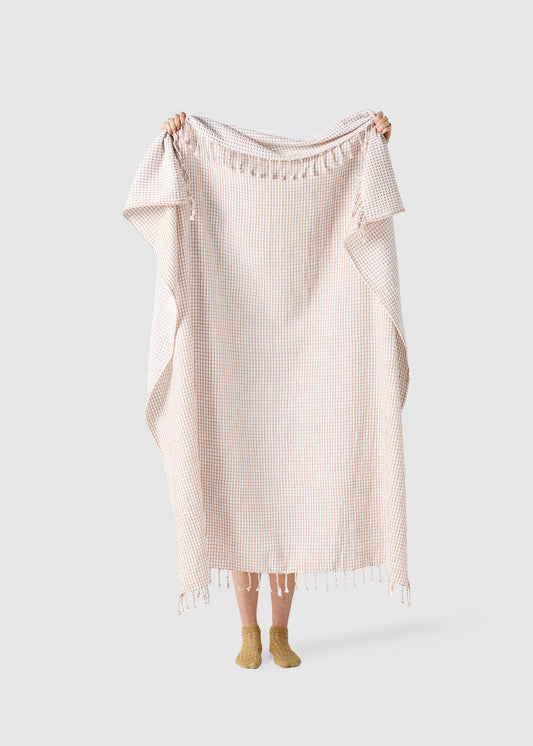 Person holding a light pink checkered dress with ruffled sleeves against a white background