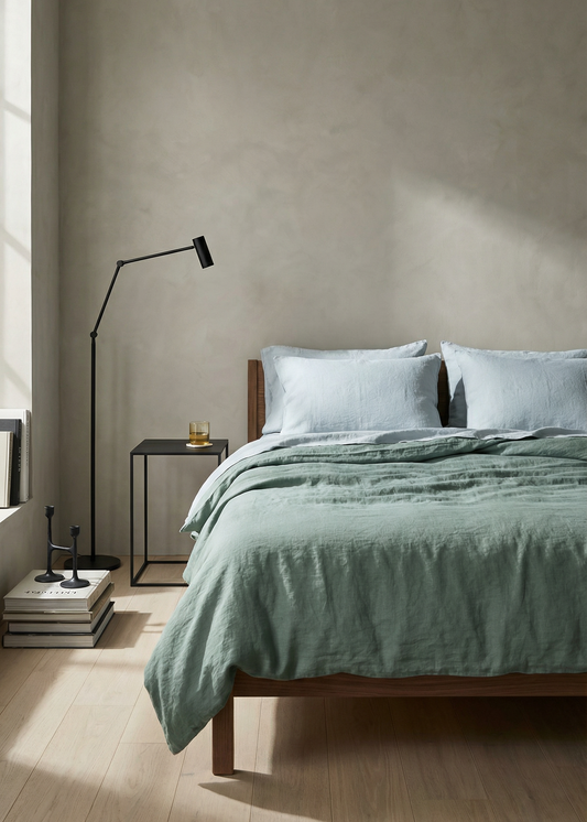 Bedroom with green bedding and a lamp against a beige wall