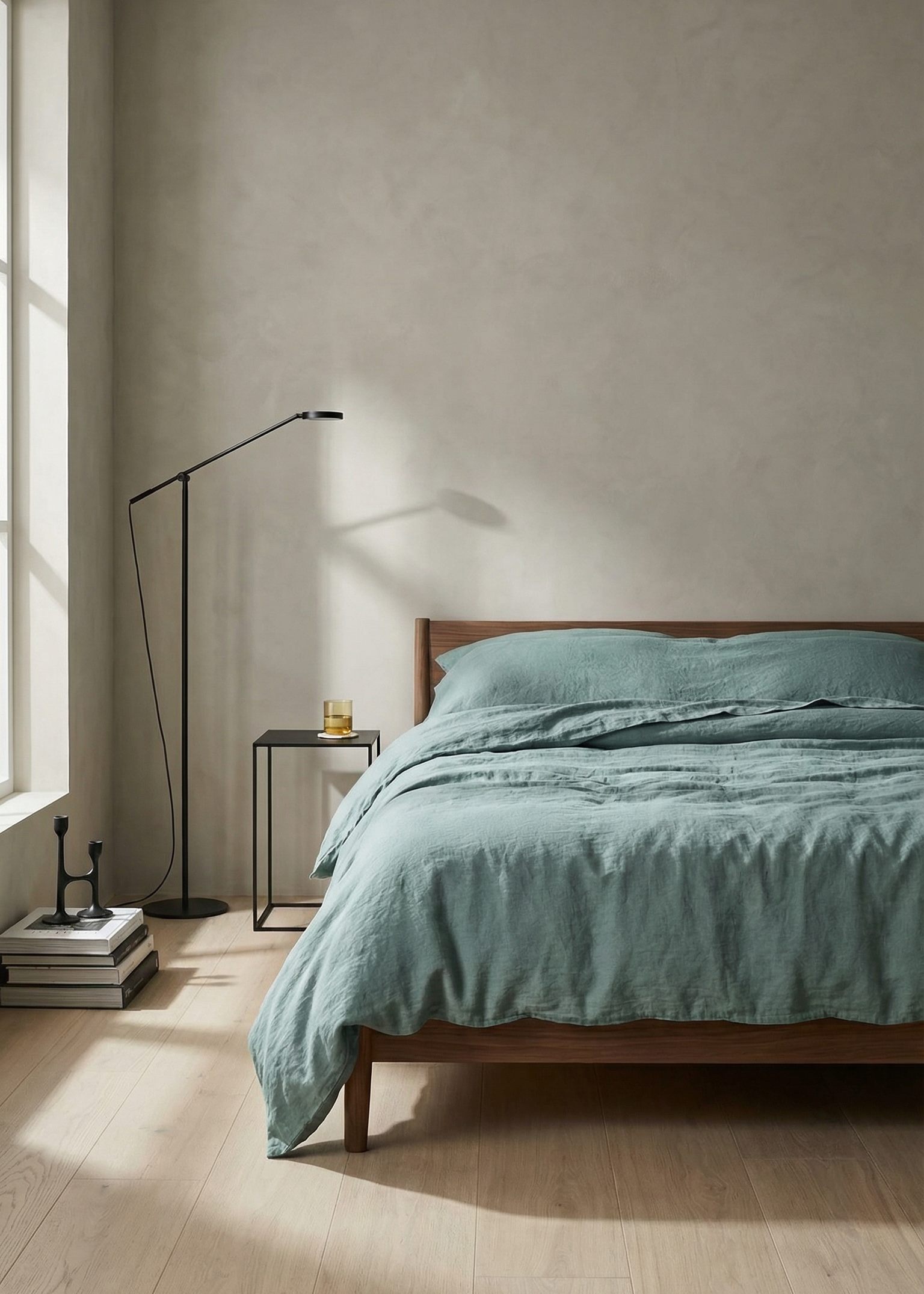 Bedroom with teal bedding on a wooden bed frame, light wood flooring, and a lamp.