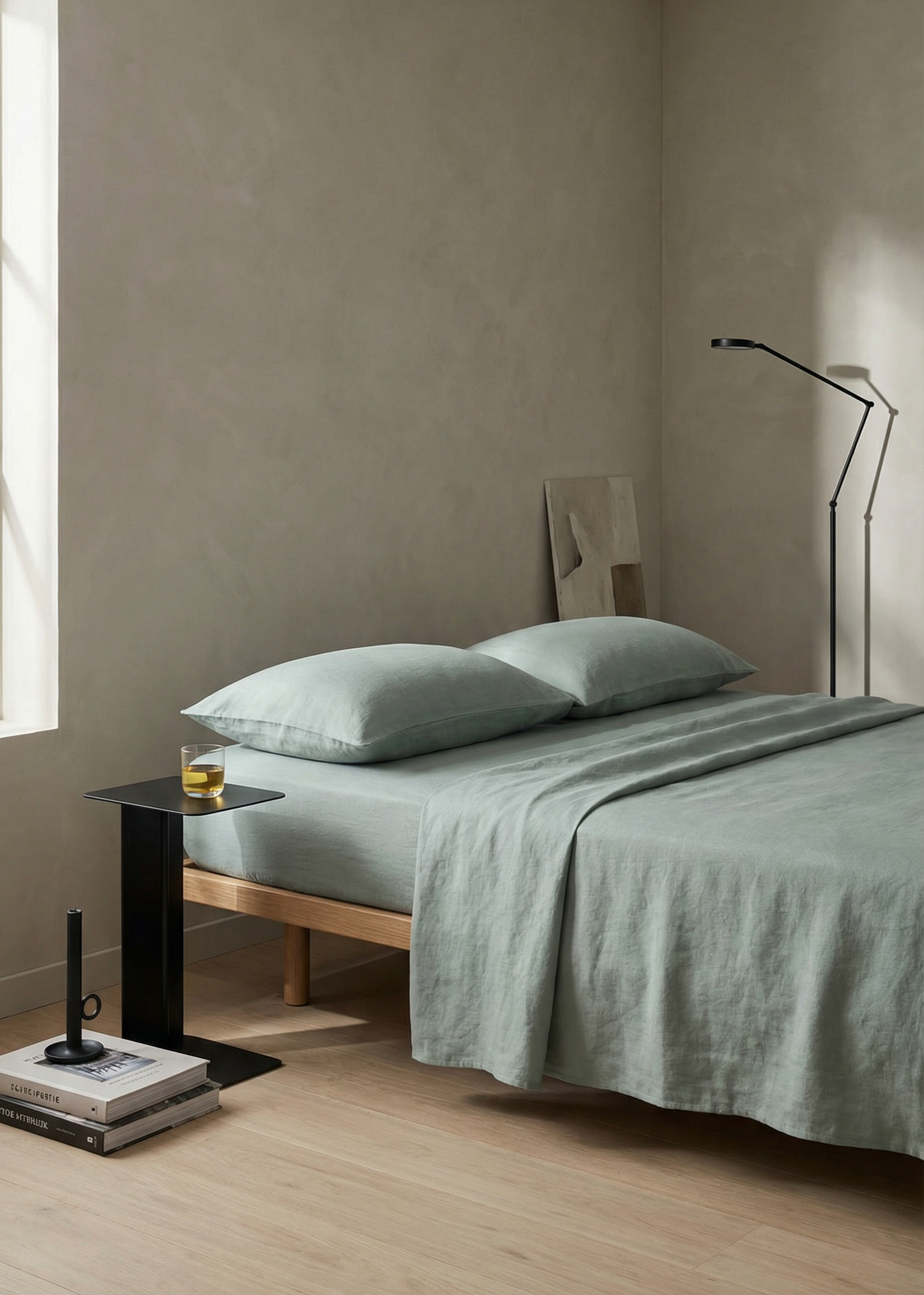 Minimalist bedroom with a bed and side table in a neutral color scheme.