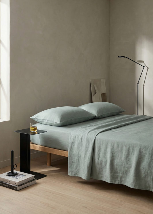 Minimalist bedroom with a bed and side table in a neutral color scheme.