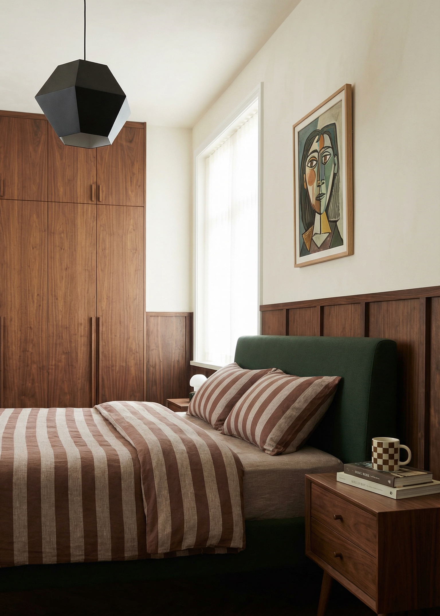 Modern bedroom with wooden furniture, striped bedding, and a painting on the wall.