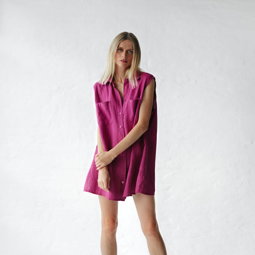 Sleeveless Linen Shirt Dress | Fuchsia