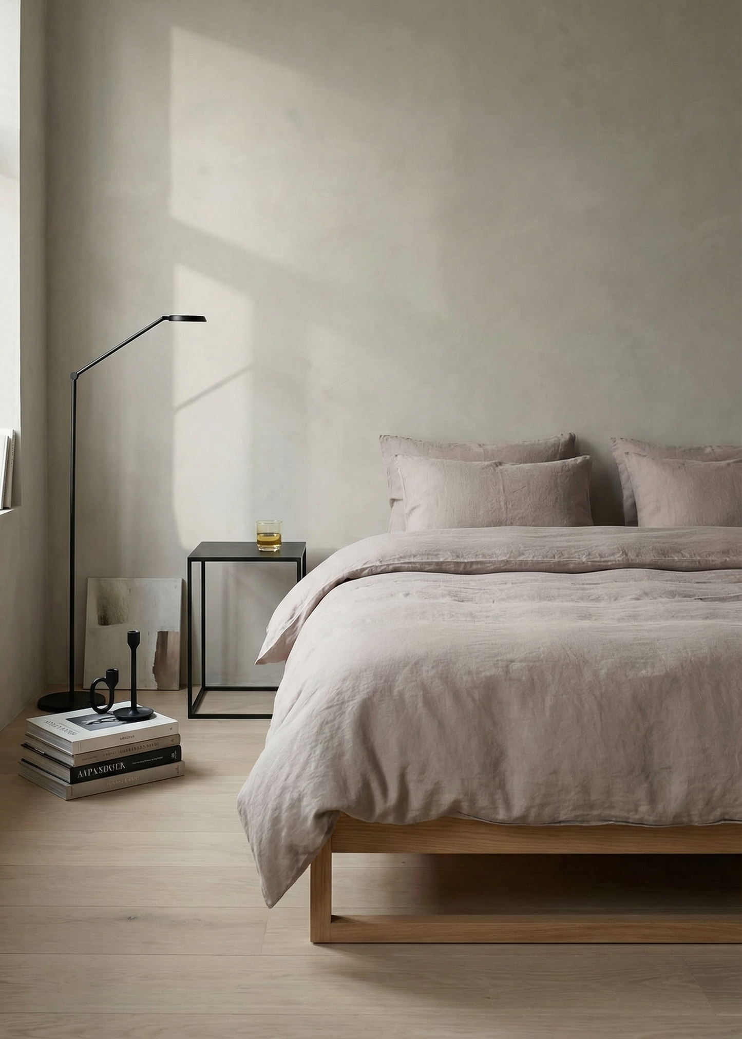 Minimalist bedroom with a bed, nightstand, and lamp in a neutral color scheme.