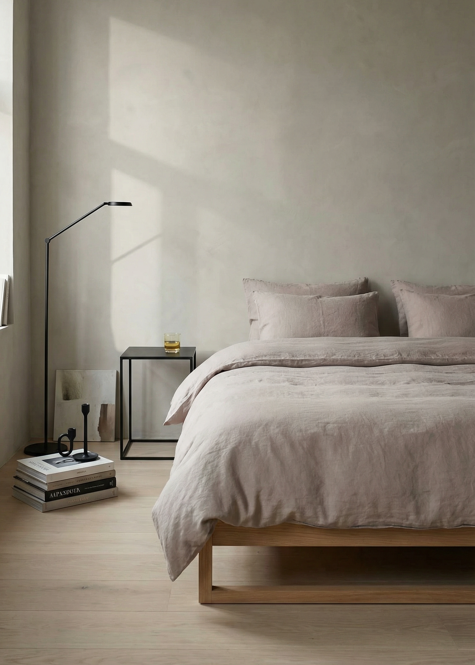 Minimalist bedroom with a bed, nightstand, and lamp in a neutral color scheme.