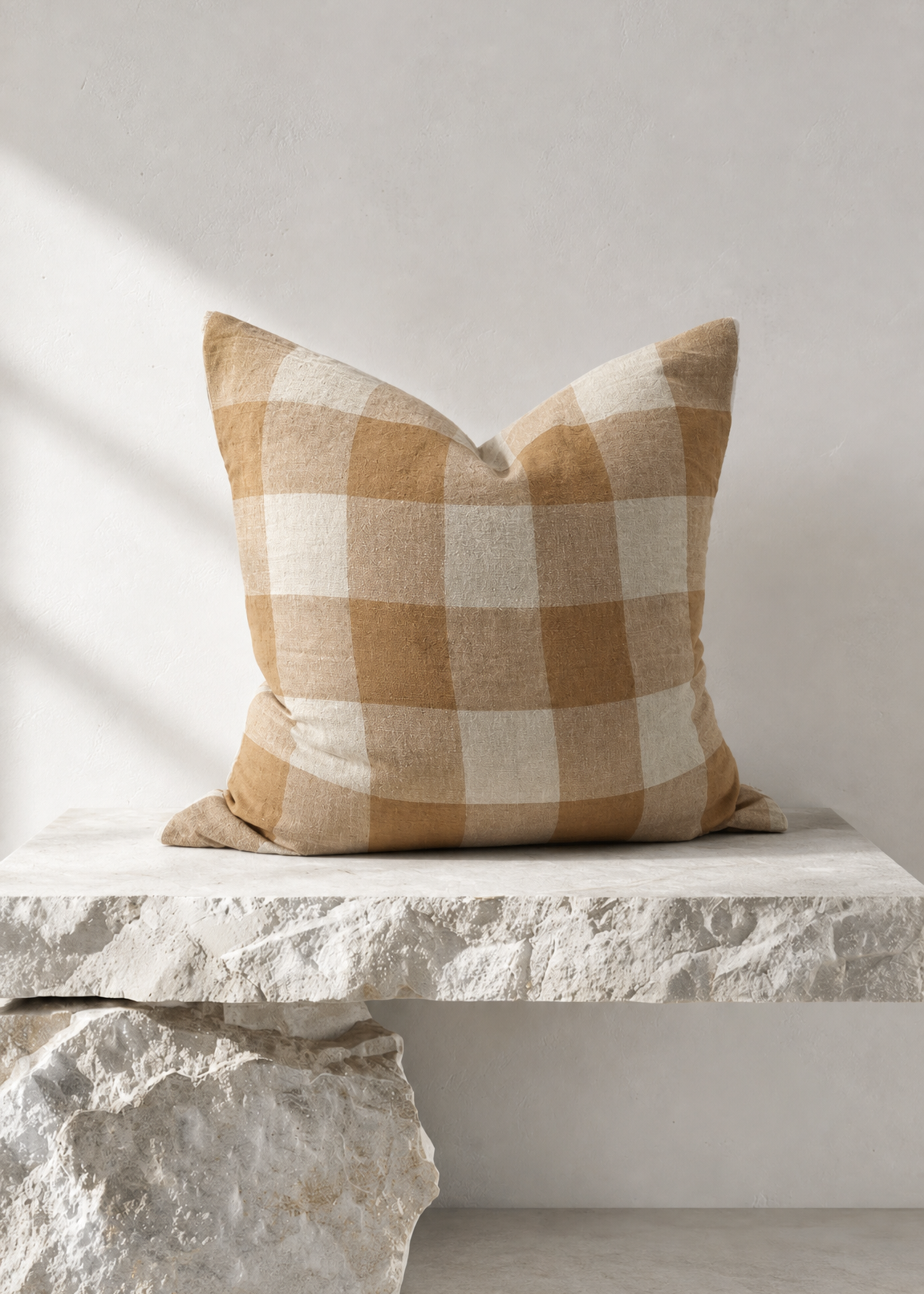 A square throw pillow with a tan and cream buffalo check plaid pattern, styled on a white stone bench against a neutral light gray wall.