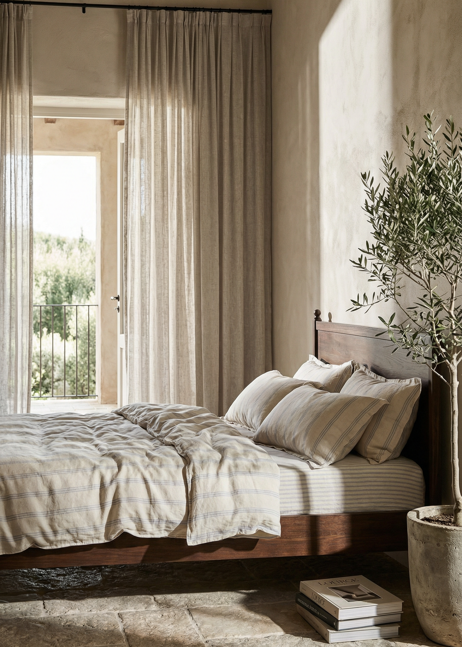 Cozy bedroom with a bed, pillows, and a plant in a neutral-toned room.