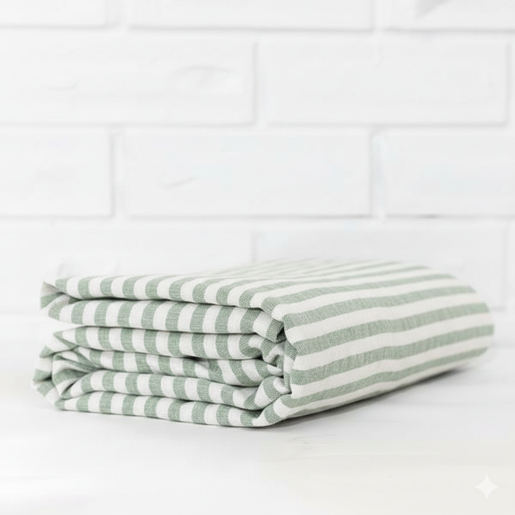 Sage Stripe Linen Fitted Sheet - Made in New Zealand