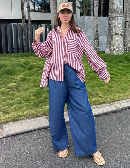 Oversized Cotton Shirt - Chocolate Stripes