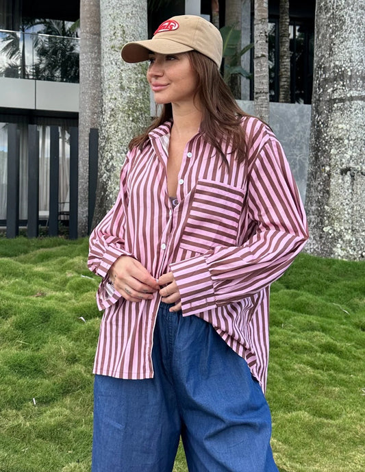 Oversized Cotton Shirt - Chocolate Stripes