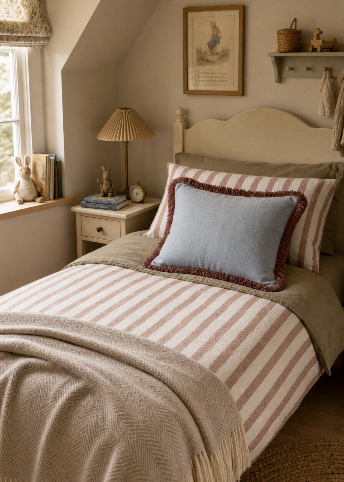 Cozy bedroom with a bed, teddy bear, and decorative items.