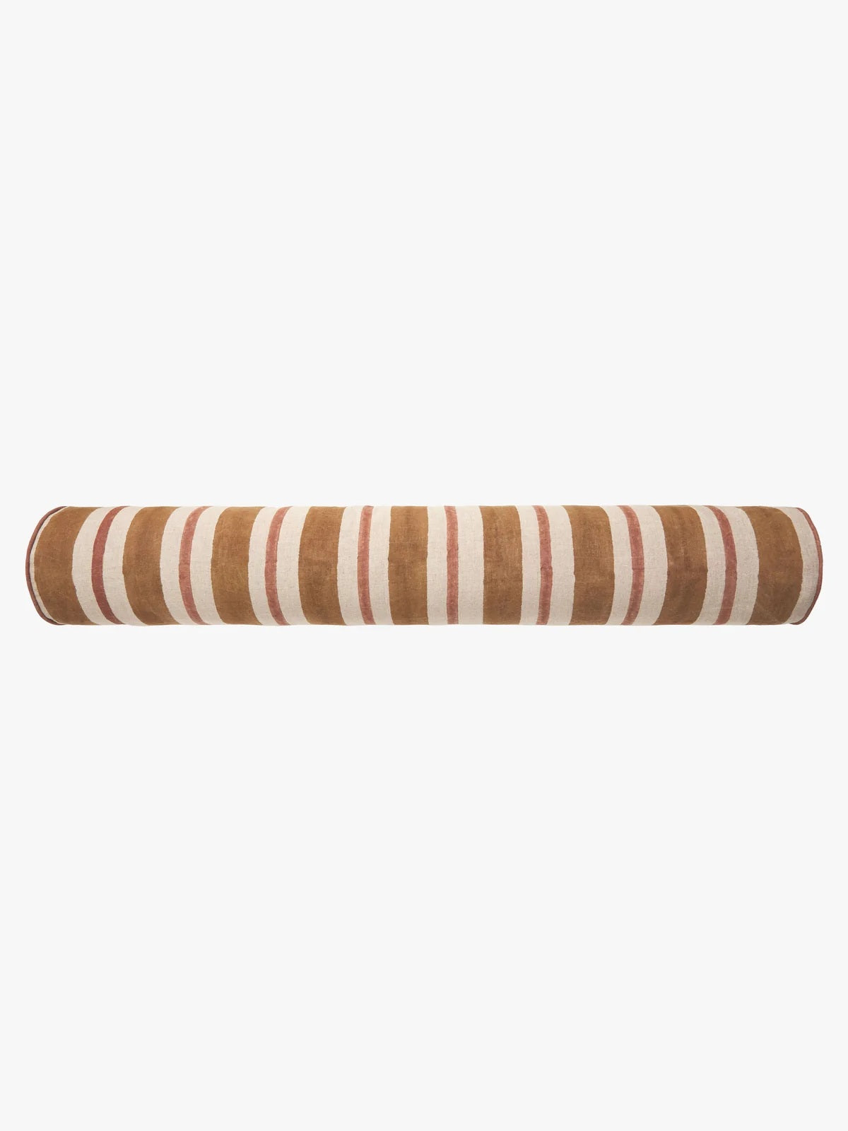 A cylindrical bolster pillow with a striped pattern of brown, cream, and thin red vertical stripes, shown against a plain white background.