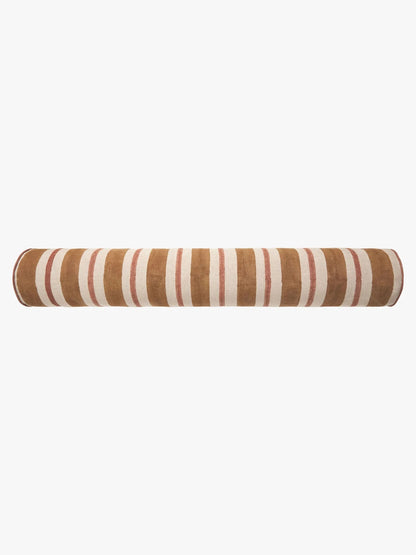 A cylindrical bolster pillow with a striped pattern of brown, cream, and thin red vertical stripes, shown against a plain white background.