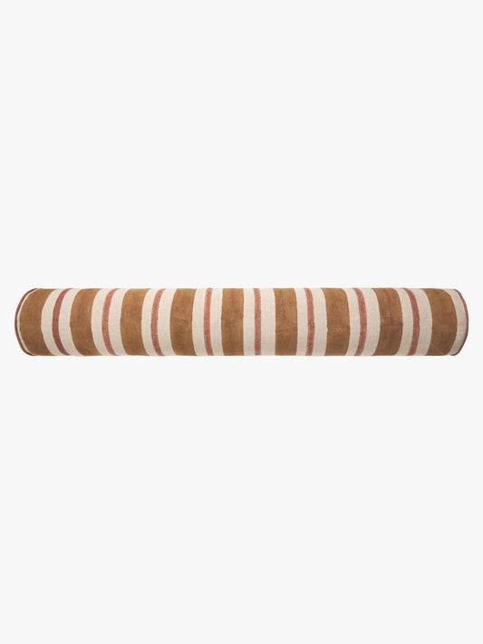 A cylindrical bolster pillow with a striped pattern of brown, cream, and thin red vertical stripes, shown against a plain white background.
