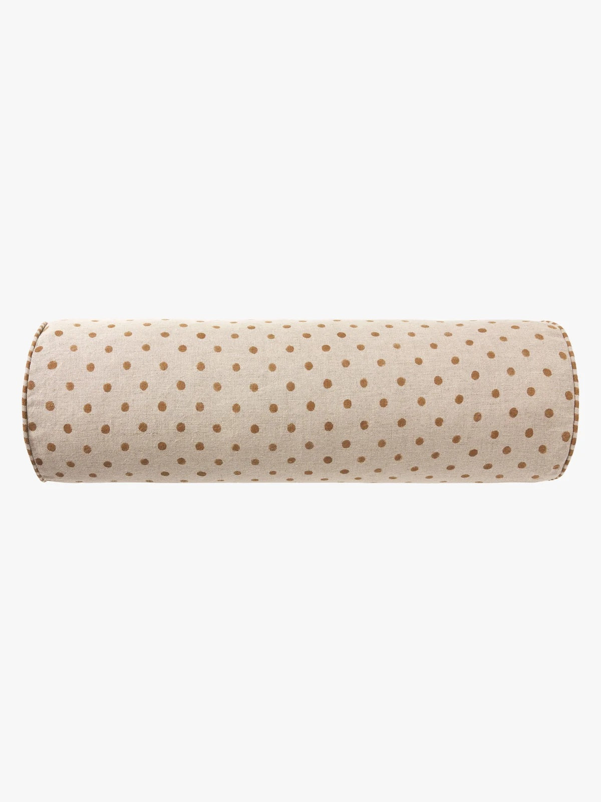 A cylindrical bolster pillow with a beige fabric cover featuring a repeating pattern of small brown polka dots, shown against a plain white background.