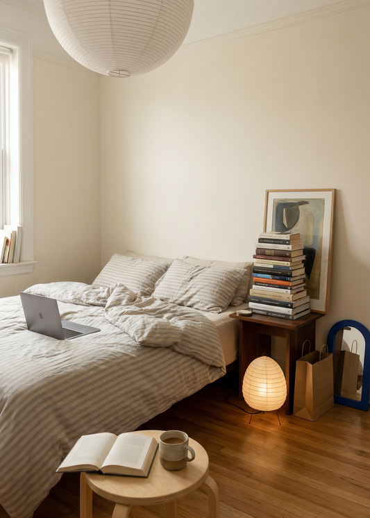Cozy bedroom with a bed, laptop, books, and decorative items.