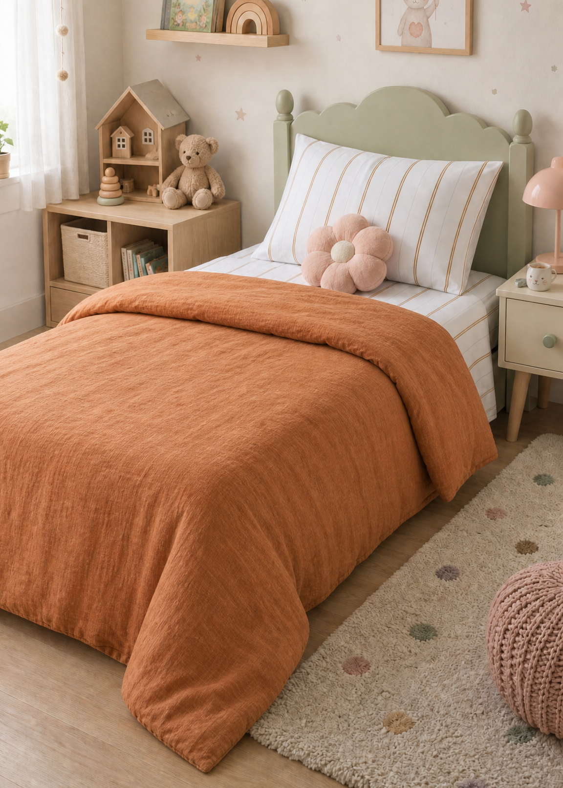 Children's bedroom with a green bed and orange comforter, shelves with toys, and framed pictures on the wall.