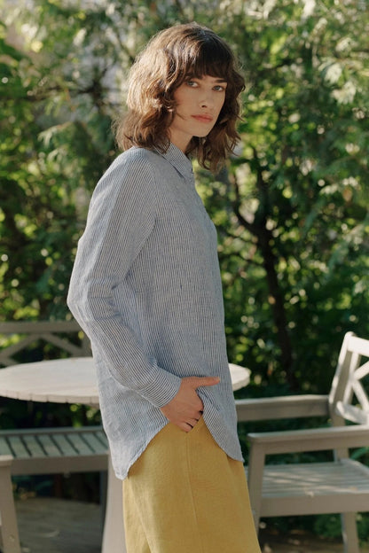 Azalea Linen Shirt - Blue & White Stripes