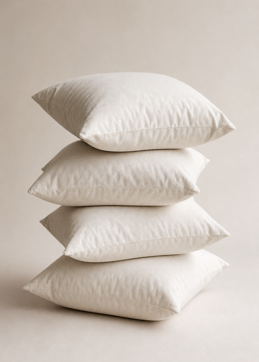 A stack of four off-white rectangular throw pillows with a textured, linen-like fabric, set against a solid, warm beige background.