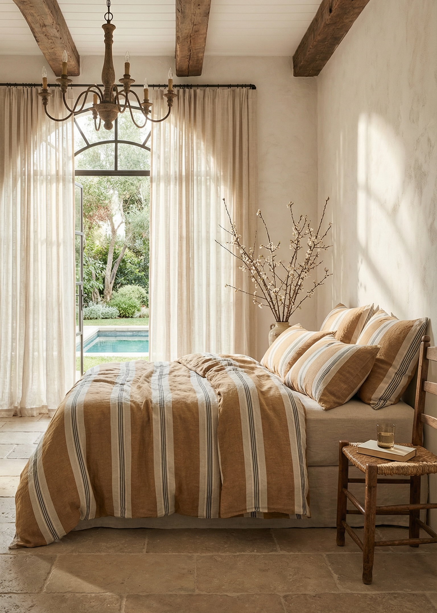 Cozy bedroom with striped bedding, wooden beams, and a pool view.