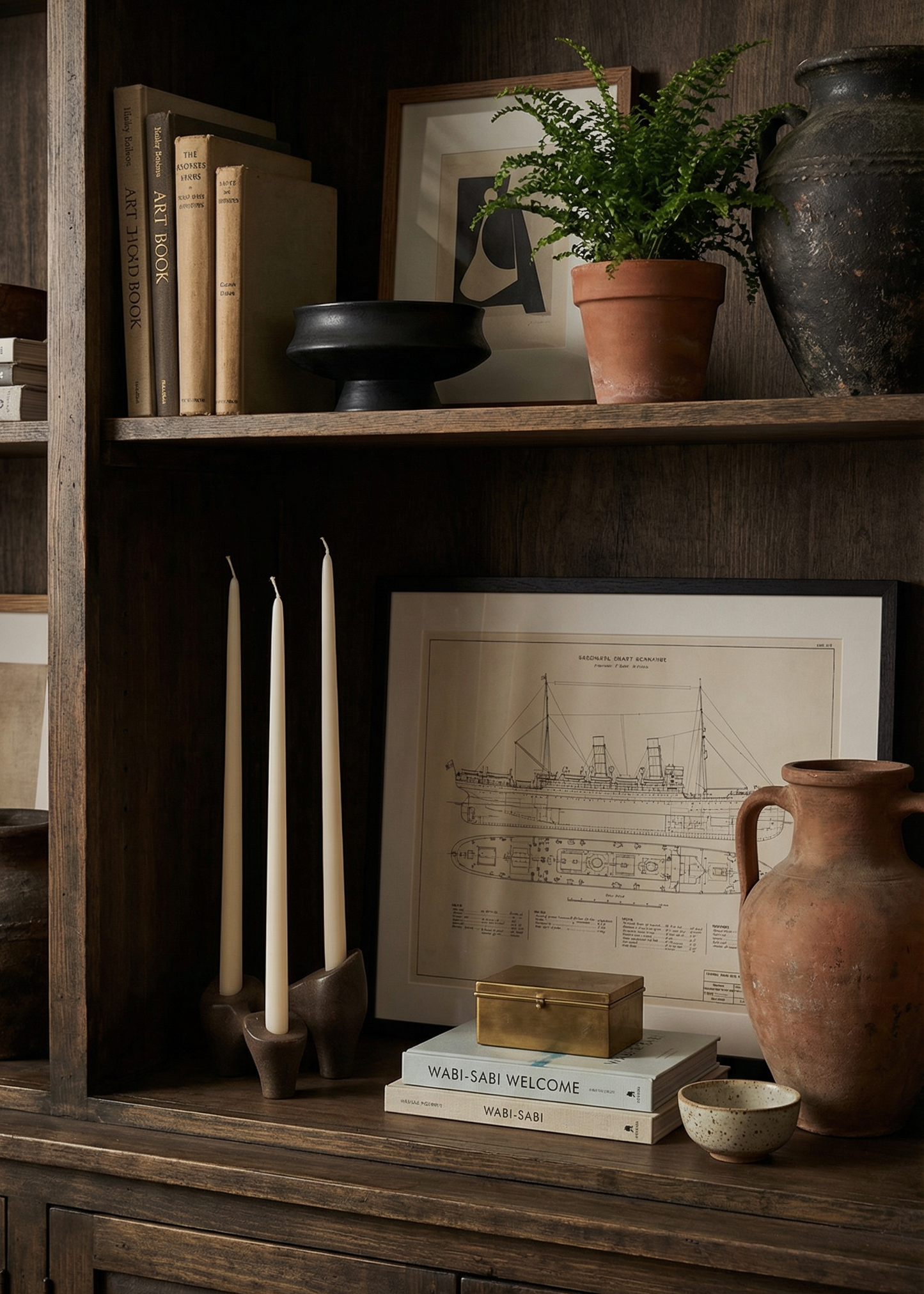 Wooden bookshelf with decorative items including books, a plant, and a vase.