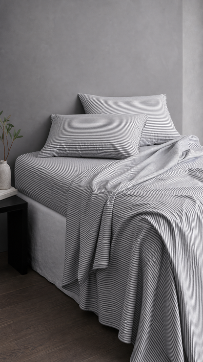 Striped bedding set with matching pillowcases and a draped throw blanket on a bed in a minimalist bedroom setting.