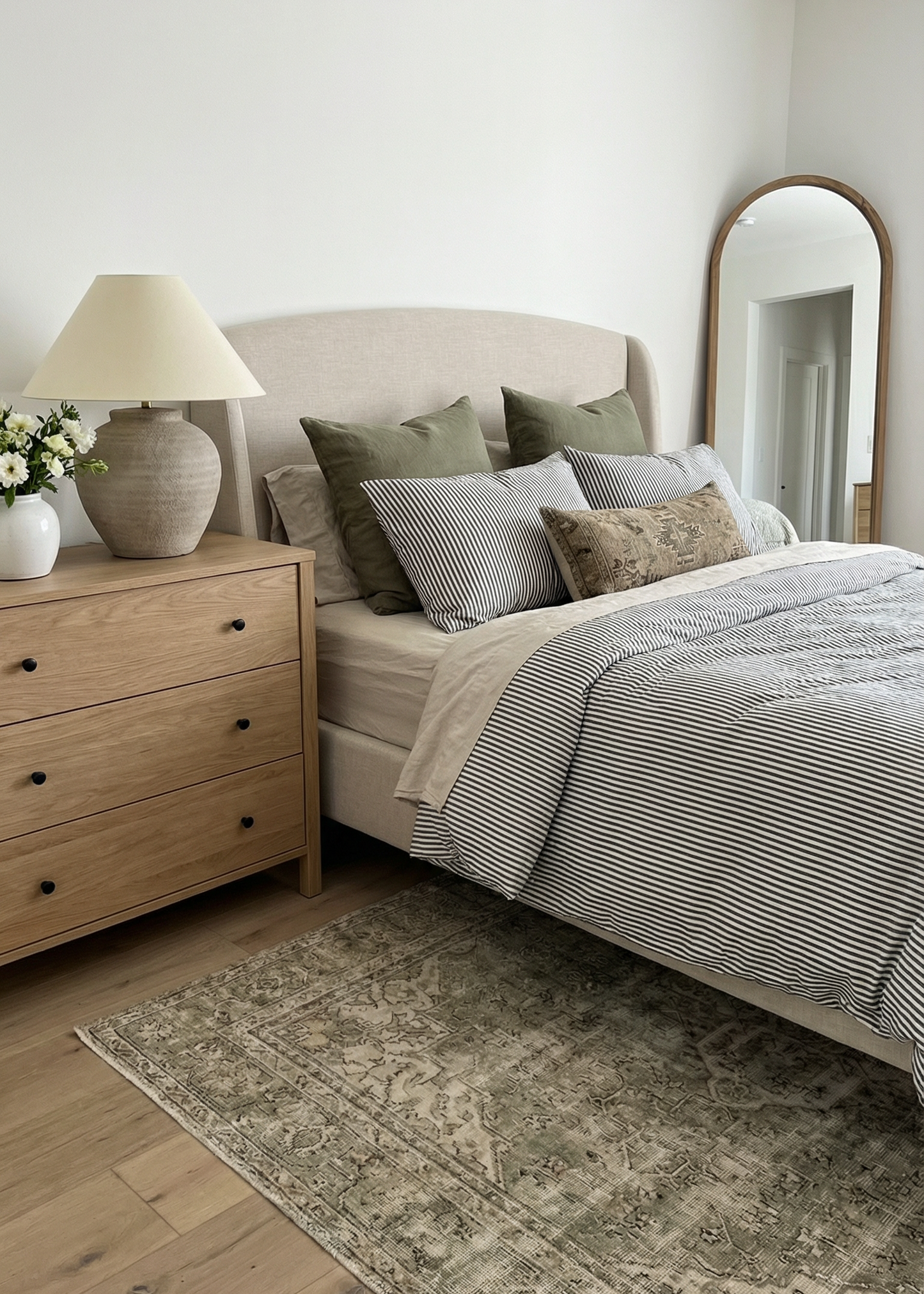Neatly made bed with pillows and a lamp on a wooden dresser in a bedroom.