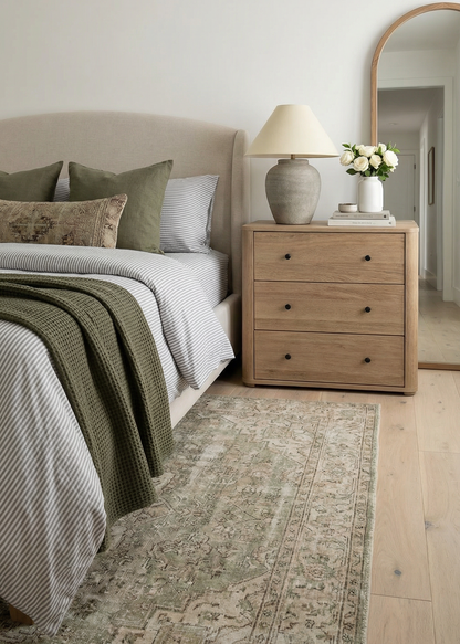 Bedroom with a bed, nightstand, and lamp in a neutral color scheme.