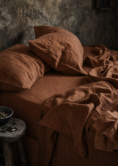 Brown textured bedding on a bed in a dimly lit room.