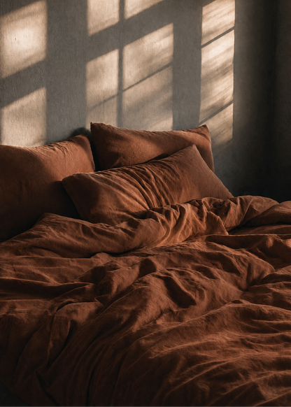 Brown bed with pillows and blankets against a wall with sunlight casting shadows.