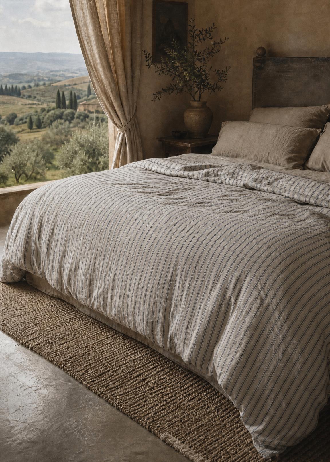 Bedroom with a large window offering a scenic view of greenery, featuring a bed with textured bedding.