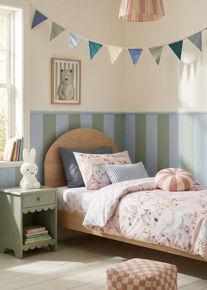 Children's bedroom with striped headboard, colorful bedding, and decorative elements.