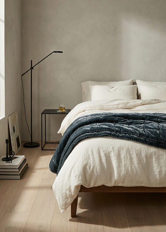 Bedroom with a bed, lamp, and side table against a beige wall.