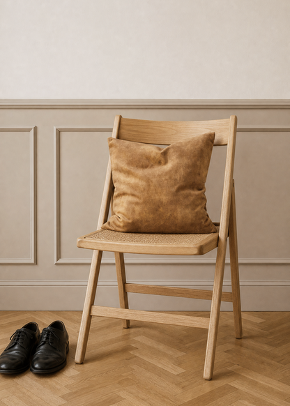 A light natural wood folding chair with a tan textured throw pillow, set on a light wood herringbone floor against a beige paneled wall. A pair of black leather shoes is placed on the floor to the left.