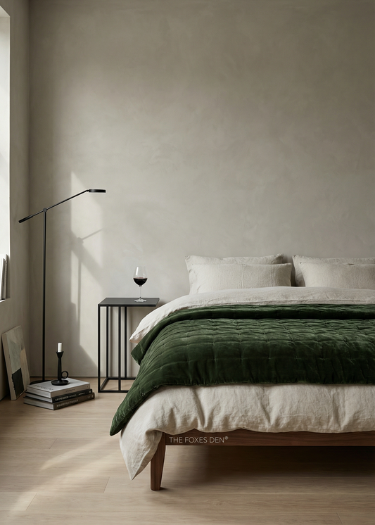 Modern bedroom with a bed, nightstands, and a lamp in a neutral color scheme.