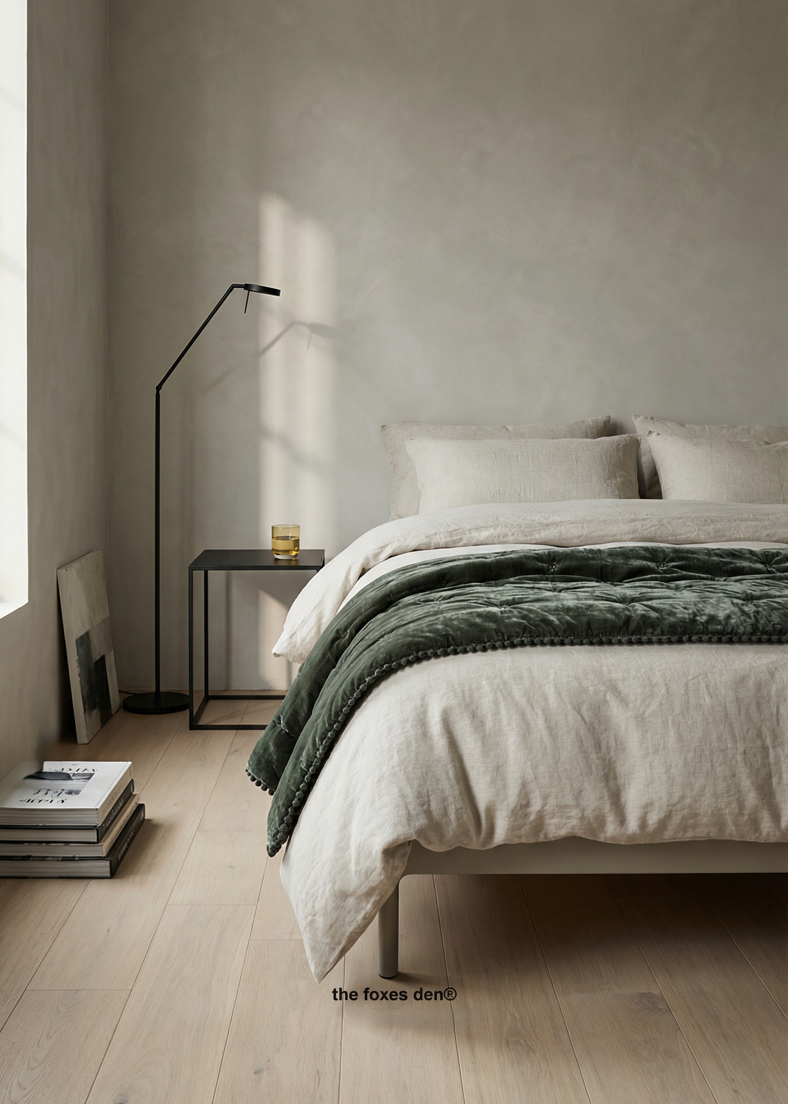 Minimalist bedroom with a bed, side table, and lamp against a plain wall.