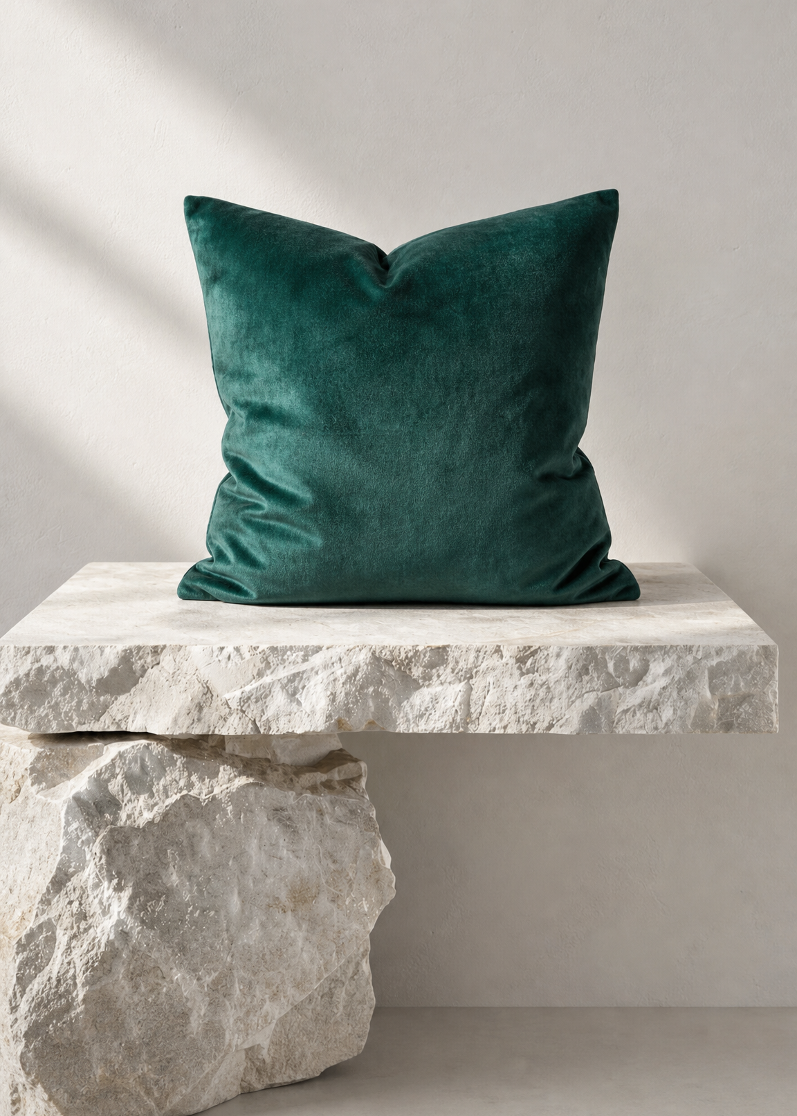 A square emerald green velvet throw pillow displayed on a rustic white stone bench against a neutral light gray wall.