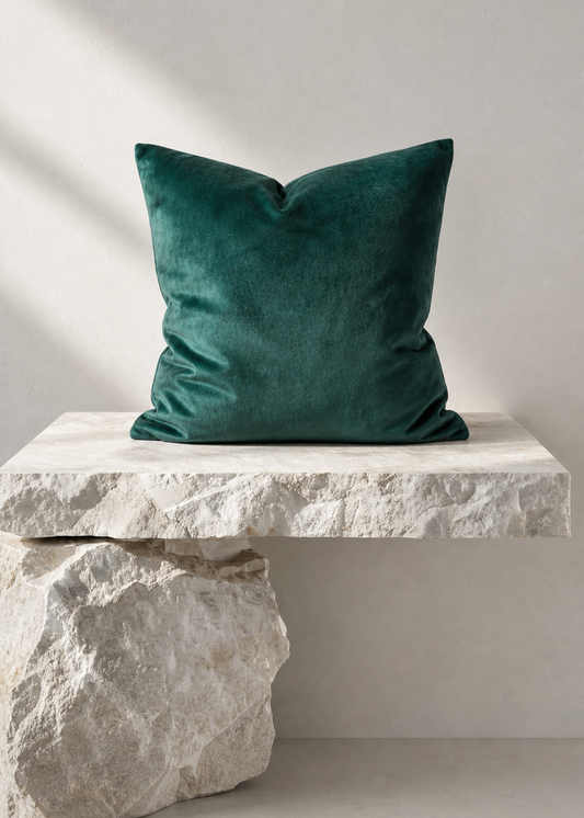 A square emerald green velvet throw pillow displayed on a rustic white stone bench against a neutral light gray wall.