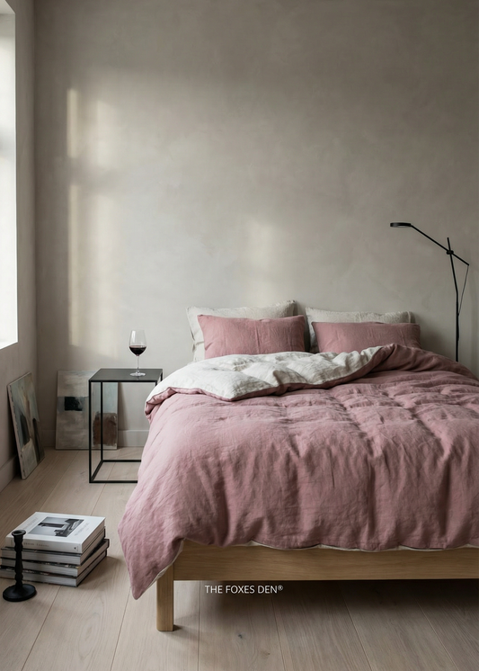 Bedroom with pink bedding and minimal decor