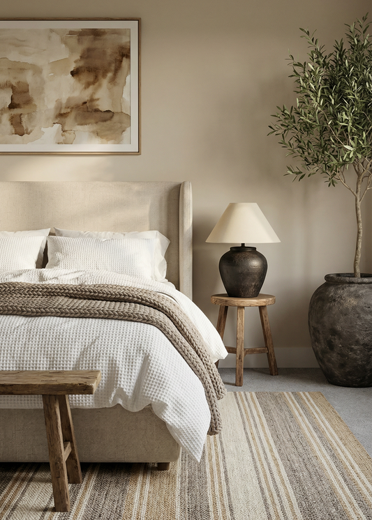 Cozy bedroom with a bed, lamp, and decorative elements.
