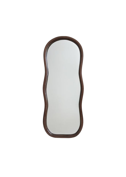 Wavy-shaped mirror with a brown frame on a white background