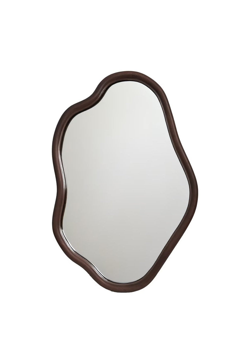 Decorative mirror with a wavy brown frame on a white background