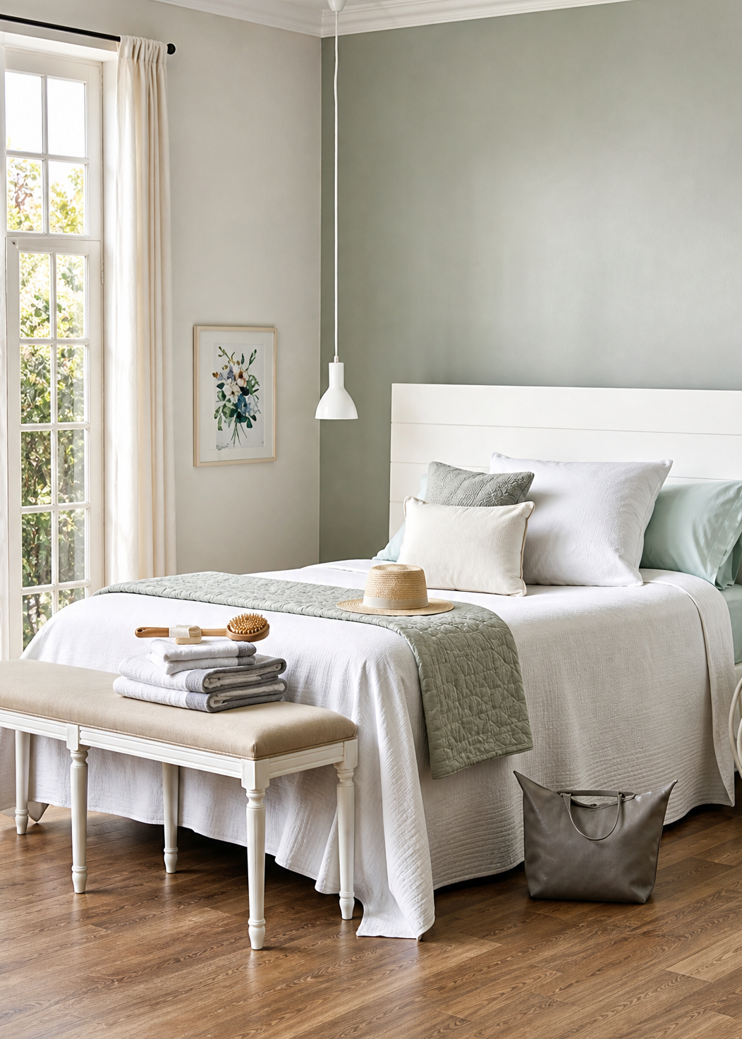 Neatly arranged bedroom with a bed, bench, and decor items.